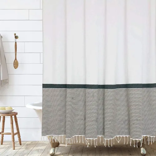 Vista 7 de HALL & PERRY Cortina de ducha moderna con borlas de estilo rústico, cortina de ducha de tela a rayas con borlas 100% algodón para decoración de baño