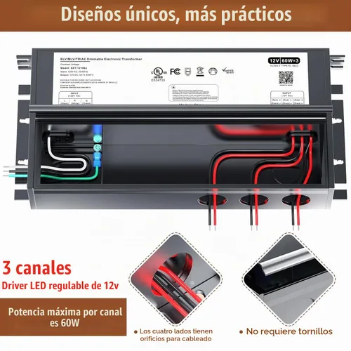 Vista 2 de Controlador LED Regulable de 12V, Transformador LED Triac ELV/MLV de 180W Compatible con Interruptores Lutron y Leviton, Fuente de Alimentación