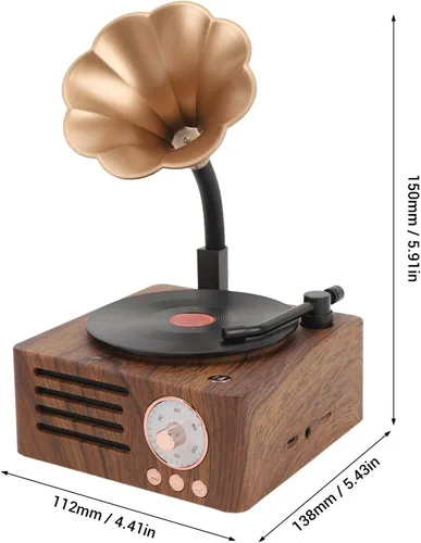 Vista 6 de Altavoz de tocadiscos vintage, tocadiscos portátil de grano de madera, altavoz Bluetooth con bocina de cobre, función de radio FM, diseño compacto
