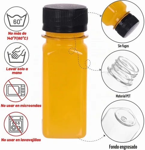 Vista 3 de Moretoes 6 botellas de 120 ml de plástico para jugo con tapas, botellas transparentes vacías reutilizables para shots de jengibre, recipientes