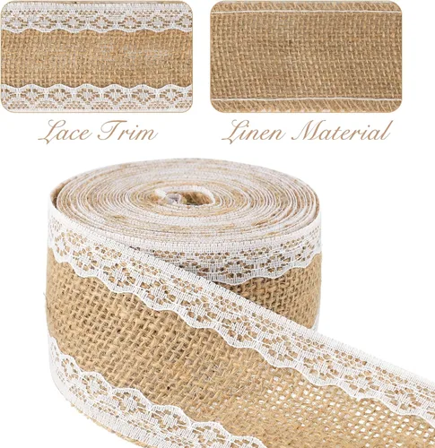 Vista 4 de jijAcraft Rollo de cinta de arpillera de yute natural, 2 pulgadas x 5.5 yardas, cinta de arpillera de encaje blanco rústico para manualidades, Cinta