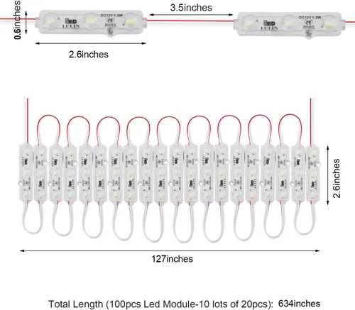 Vista 4 de Lulin 100 tiras de luces LED impermeables superbrillantes, color blanco, 53 pies CC 12 V 3 módulos LED blanco para letreros publicitarios con cinta