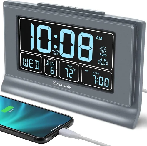 Vista 9 de DreamSky Despertadores para dormitorios con batería de respaldo, reloj digital de ajuste automático con fecha y día de la semana, temperatura