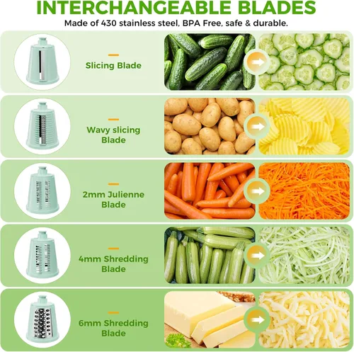Vista 5 de Rallador de queso giratorio 7 en 1 mejorado con asa, triturador de verduras con ranura de almacenamiento incorporada, 5 cuchillas versátiles, base