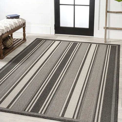 Vista 4 de JONATHAN Y Haynes - Alfombra moderna de doble raya para interiores y exteriores, 8 x 10 pies, color negro y crema, para patio trasero, porche, fácil