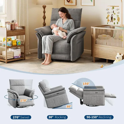 Vista 7 de Power Swivel Glider Recliner Chair, Chenille Grey