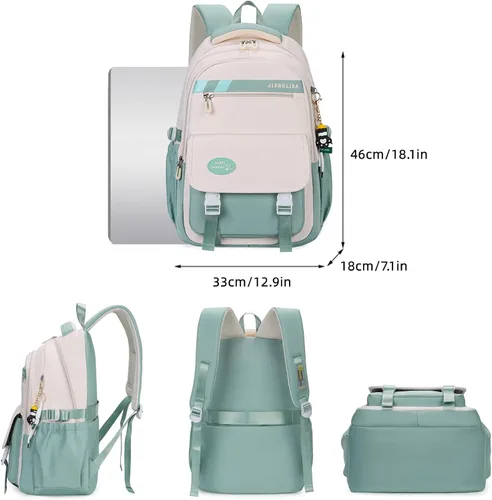 Vista 2 de Mildame Mochila estética para adolescentes, mochila clásica ligera para niños, bolsas casuales con bonito colgante, Morado claro y blanco
