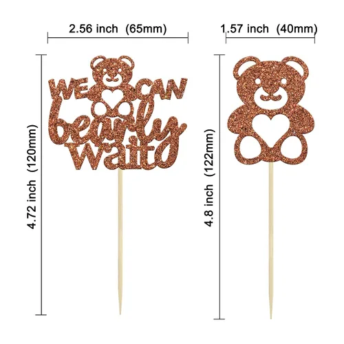 Vista 2 de Gyufise 24 piezas de decoración para cupcakes con texto en inglés «We Can Bearly Wait» («We Can Bearly Wait») para cupcakes con purpurina marrón