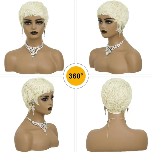 Vista 4 de Pelucas cortas rubias de corte Pixie para mujeres negras, pelucas cortas con flequillo para mujeres negras, pelucas en capas (rubio)