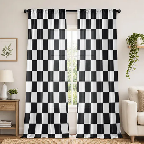 Vista 15 de Cortinas negras y grises para sala de estar, 63 pulgadas de largo, cortinas geométricas modernas, negras, blancas, grises, abstractas, con bolsillo
