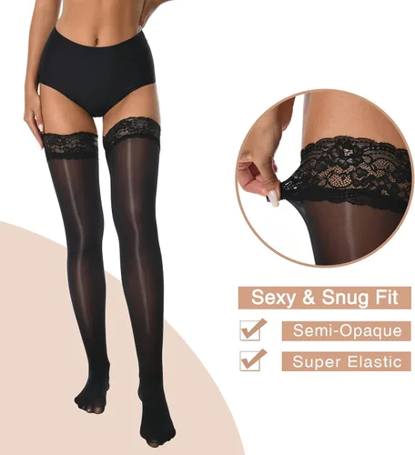 Vista 3 de MANZI Medias altas hasta el muslo brillantes con encaje sexy que se mantienen en pie, medias transparentes y sedosas para mujer, paquete de 2 pares