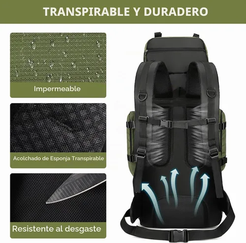 Vista 5 de Mochila de senderismo de 90L, bolsa de camping impermeable con cubierta de lluvia, mochila ligera para mochileros, sin marco Verde militar