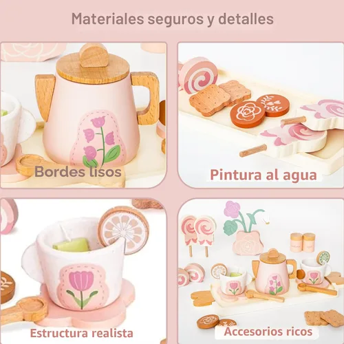 Vista 3 de Juego de té de madera para niñas pequeñas, juguete de juego de té con 27 piezas de accesorios de cocina de simulación, juguete de té de princesa