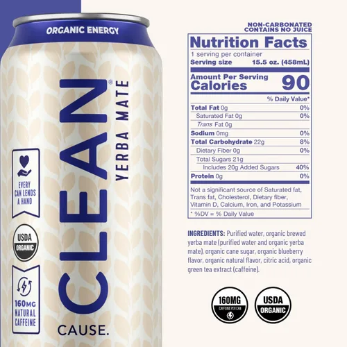 Vista 2 de CLEAN Cause - Té de yerba mate de arándanos no carbonatado, alternativa a bebida energética orgánica del USDA, baja en azúcar, 160 mg de cafeína