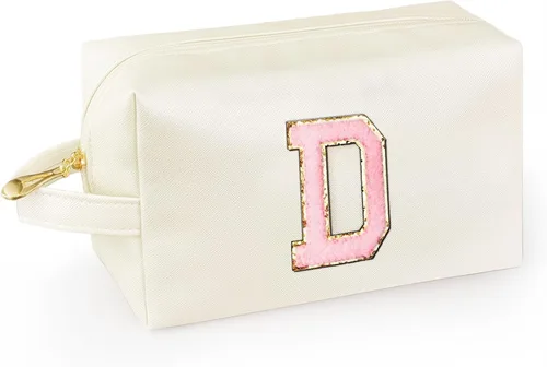 Vista 13 de Bolsa de maquillaje personalizada con inicial con asa, bolsa de cosméticos de preparación con bolsillo interior con cremallera, 8, 9, 10, 11, 12 Rosa