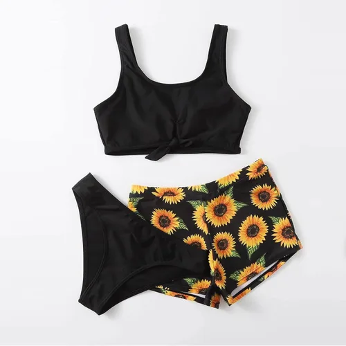 Vista 4 de Traje de baño de 3 piezas con estampado floral de girasoles de playa para niños y niñas tankini dividido con pantalones cortos para 7-14 años