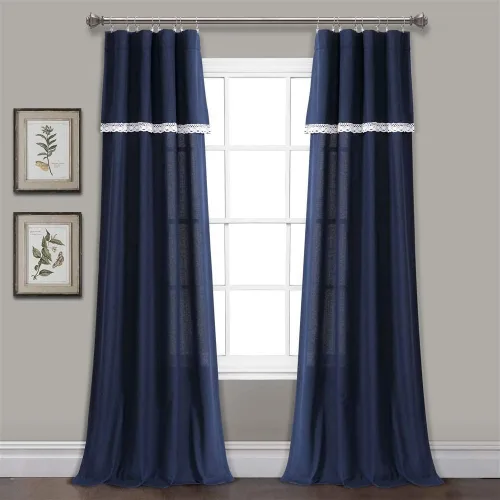 Vista 10 de Lush Decor Par de paneles de cortinas de lino con encaje para ventana, 84 x 38 pulgadas, azul