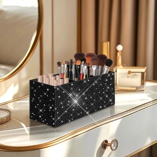 Vista 5 de Bling - Organizador de brochas de maquillaje, 3 ranuras para cosméticos, soportes de almacenamiento con diamantes de imitación brillantes, bonito