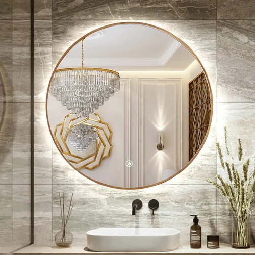 Vista 25 de Espejo de Baño LED Redondo de 24", Espejo de Tocador Retroiluminado Montado en Pared con Marco Biselado de 45°, Espejo Iluminado para Dormitorio