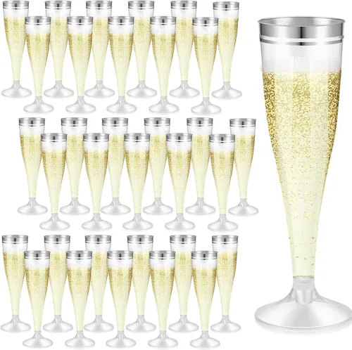 Vista 8 de Skylety 100 copas de champán a granel de 4.5 onzas, vasos de plástico transparente para tostar, vasos de champán de plástico, vasos de cóctel dorado