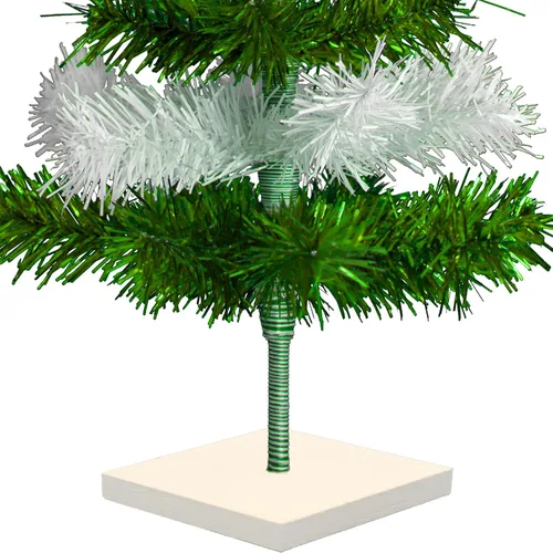 Vista 4 de Árbol de Navidad verde metálico y blanco mate, cepillo artificial en capas de oropel sin encender con soporte incluido (18 pulgadas)
