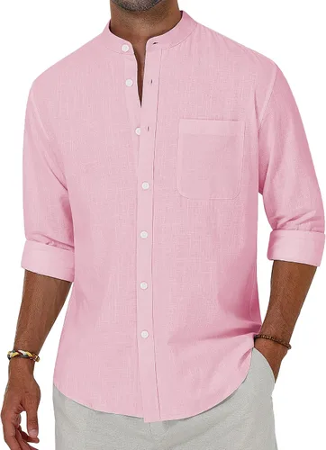 Vista 8 de Alimens & Gentle Camisas de algodón y lino para hombre, camisa de manga larga con botones, cuello de banda, camisas de playa