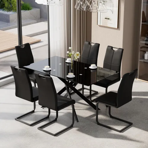 Vista 25 de Juego de mesa de comedor de 5 piezas para 4, mesa rectangular moderna de cristal con 4 sillas tapizadas de cuero, juegos de mesa y sillas de comedor