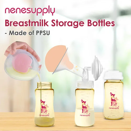 Vista 2 de Nenesupply 3 botellas de almacenamiento de leche materna PPSU de boca ancha de 11 oz / 11.2 fl oz, botellas de bombeo con extractores de leche Marfil