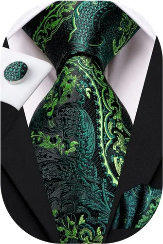 Vista 180 de Hi-Tie Corbatas de seda para hombre, diseño de cachemira a rayas, con bolsillo, gemelos cuadrados, conjunto formal de negocios