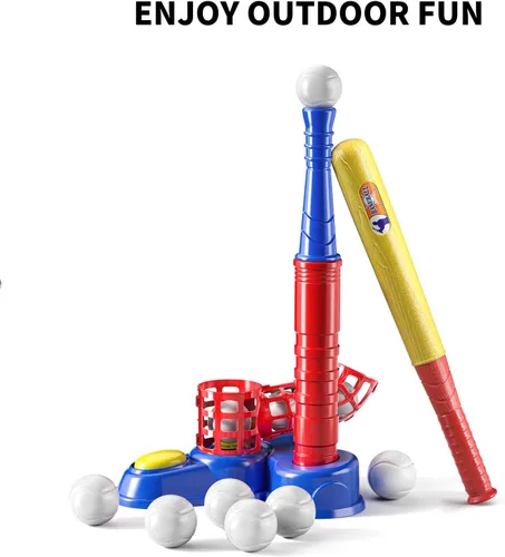 Vista 5 de TEMI Juego de pelota de béisbol 2 en 1 para niños de 3 a 8 años, juego de pelota de béisbol para niños con 10 bolas, máquina de lanzar, camiseta