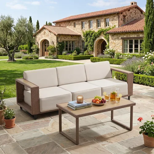 Vista 10 de Bonzy Home Patio sofá de 3 plazas, sofá seccional al aire libre de mimbre