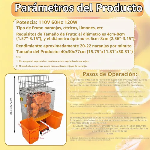 Vista 3 de Máquina exprimidora naranja comercial de 110 V, extractor automático de acero inoxidable naranja con engranajes de acero, 2 cáscaras que recogen