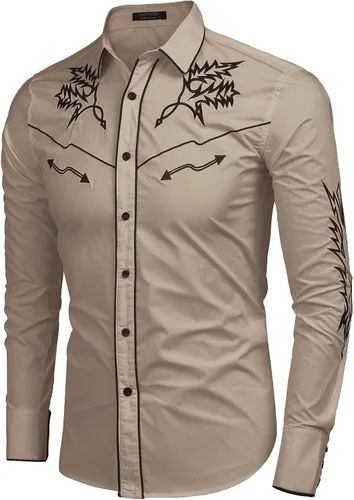 Vista 3 de COOFANDY Camisa vaquera occidental para hombre, camisa bordada de manga larga, ajustada, de algodón, casual, con botones