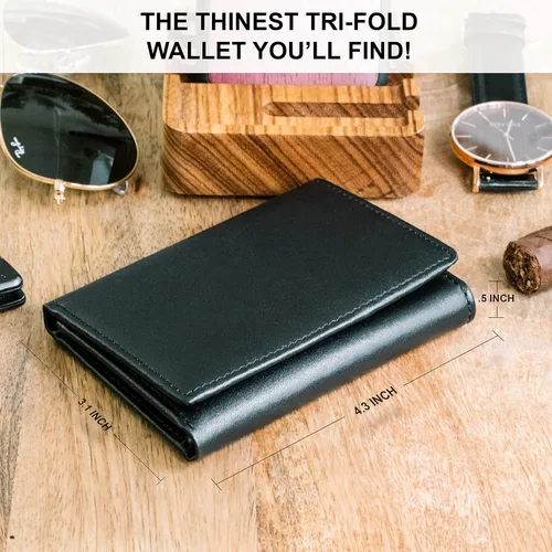 Vista 4 de STAY FINE Billetera de cuero RFID triple para hombre con identificación abatible, soporte delgado para tarjetas de capacidad extra, listo