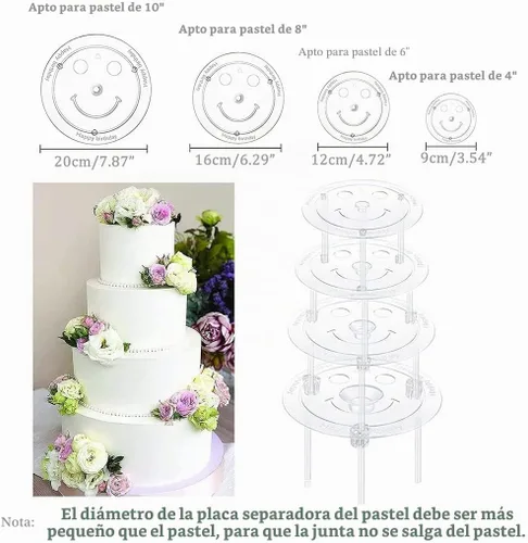 Vista 5 de Smiley - Juego de varillas de plástico para tartas, 12 varillas de plástico blanco para pasteles, 12 piezas apilables transparentes y 4 platos
