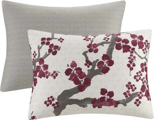 Vista 9 de N Natori Juego de funda de edredón de flor de cerezo, tamaño Queen, rojo, gris, juego de funda de edredón de flor de cerezo, 3 piezas, 100% algodón