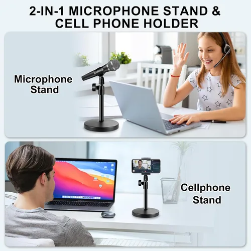 Vista 2 de Soporte de micrófono de escritorio 2 en 1, base redonda de metal mejorada, soporte de micrófono ajustable con clip de micrófono, clip para teléfono