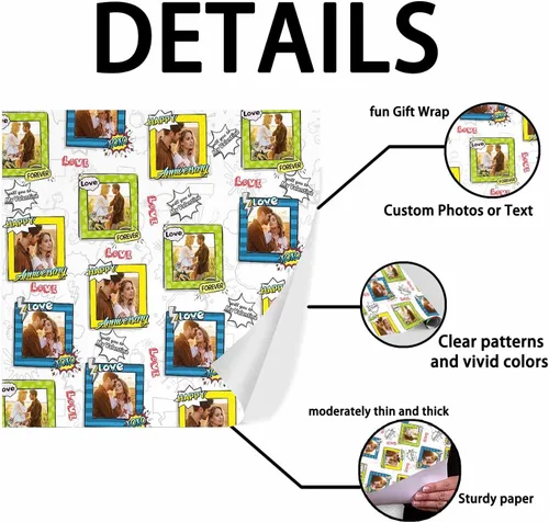 Vista 3 de Papel de regalo personalizado, divertido papel de regalo para cara, foto, nombre, Día del Padre, rollo de regalo para papá, hombres, mujeres, niños
