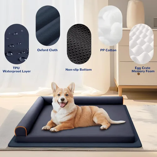 Vista 2 de Cama para perro XL indestructible impermeable para perros grandes, sofá ortopédico con alfombrilla antideslizante, cama de espuma viscoelástica