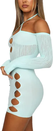 Vista 4 de IMISSILLEB Vestido ajustado de manga larga o corta para mujer, con cuello colgante, para fiesta callejera, para primavera, otoño, casual