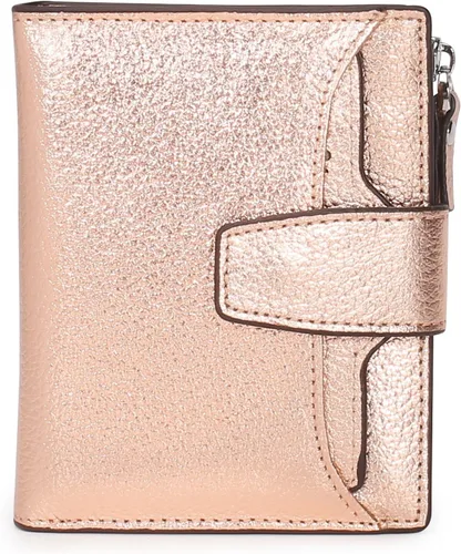 Vista 30 de Cartera de cuero con bloqueo RFID para mujer, pequeña, compacta, doble cremallera, con ventana para identificación