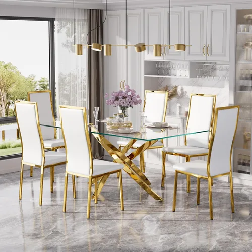 Vista 22 de Juego de mesa de comedor de cristal dorado moderno de 63 pulgadas para 6, juego de mesa de cocina rectangular de 7 piezas con patas de acero Negro