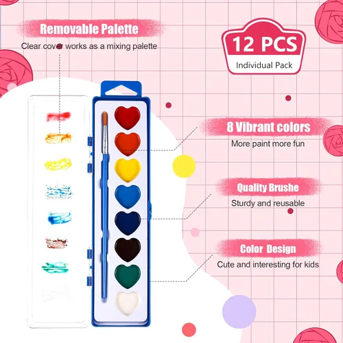 Vista 2 de Yeaqee Juego de 12 pinturas de acuarela de 8 colores lavables con pincel, recuerdos de fiesta, arte acuarela para adultos, regalos de fiesta del día