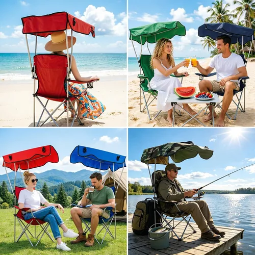 Vista 7 de Silla plegable de playa, silla de campamento, campamento de pesca, silla de césped al aire libre, protección solar, carga de 330 libras, toldo