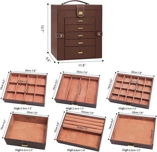 Vista 3 de AKOZLIN - Organizador de joyas grande de 6 niveles, con cerradura, funcional y enorme, con 5 cajones, de cuero, para mujeres y niñas, para anillos
