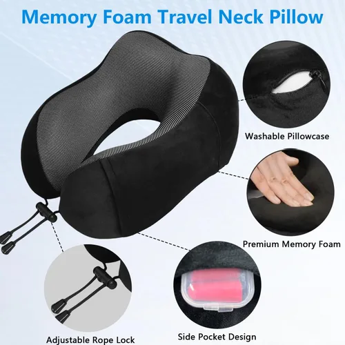 Vista 6 de Almohada de avión, almohada de cuello de viaje con espuma viscoelástica, hebilla ajustable y funda lavable a máquina para soporte de cuello