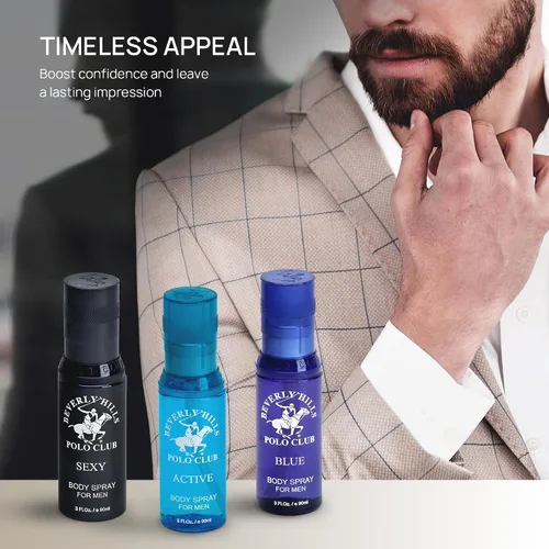 Vista 6 de Beverly Hills Polo Club Colección Signature Body Spray para hombre Juego de 3 piezas: azul, activo, sexy, fragancias versátiles para cada ocasión