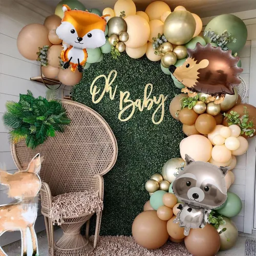 Vista 3 de Arco de guirnalda de globos de animales del bosque, 138 globos verde salvia, marrón, arena blanca, para baby shower, niños, temática de animales