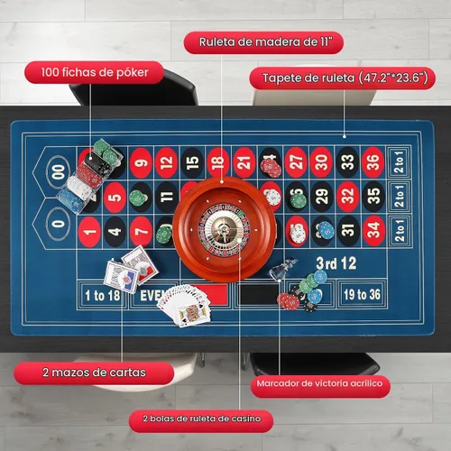 Vista 3 de Juego de ruedas de ruleta de 11 ": Rueda de ruleta sólida con 47.2 * 23.6 "Diseño de mesa de ruleta Alfombrilla de fieltro 100pcs ABS fichas