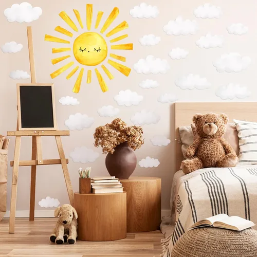 Vista 6 de Calcomanías de pared de sol y nubes, acuarela bohemia, calcomanías de sol para despegar y pegar, calcomanías de pared de sol de PVC, decoración